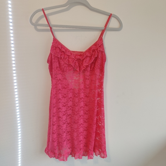 In Bloom Tops - Y2K Pink Lace Babydoll Ruffled Slip Dress - Medium